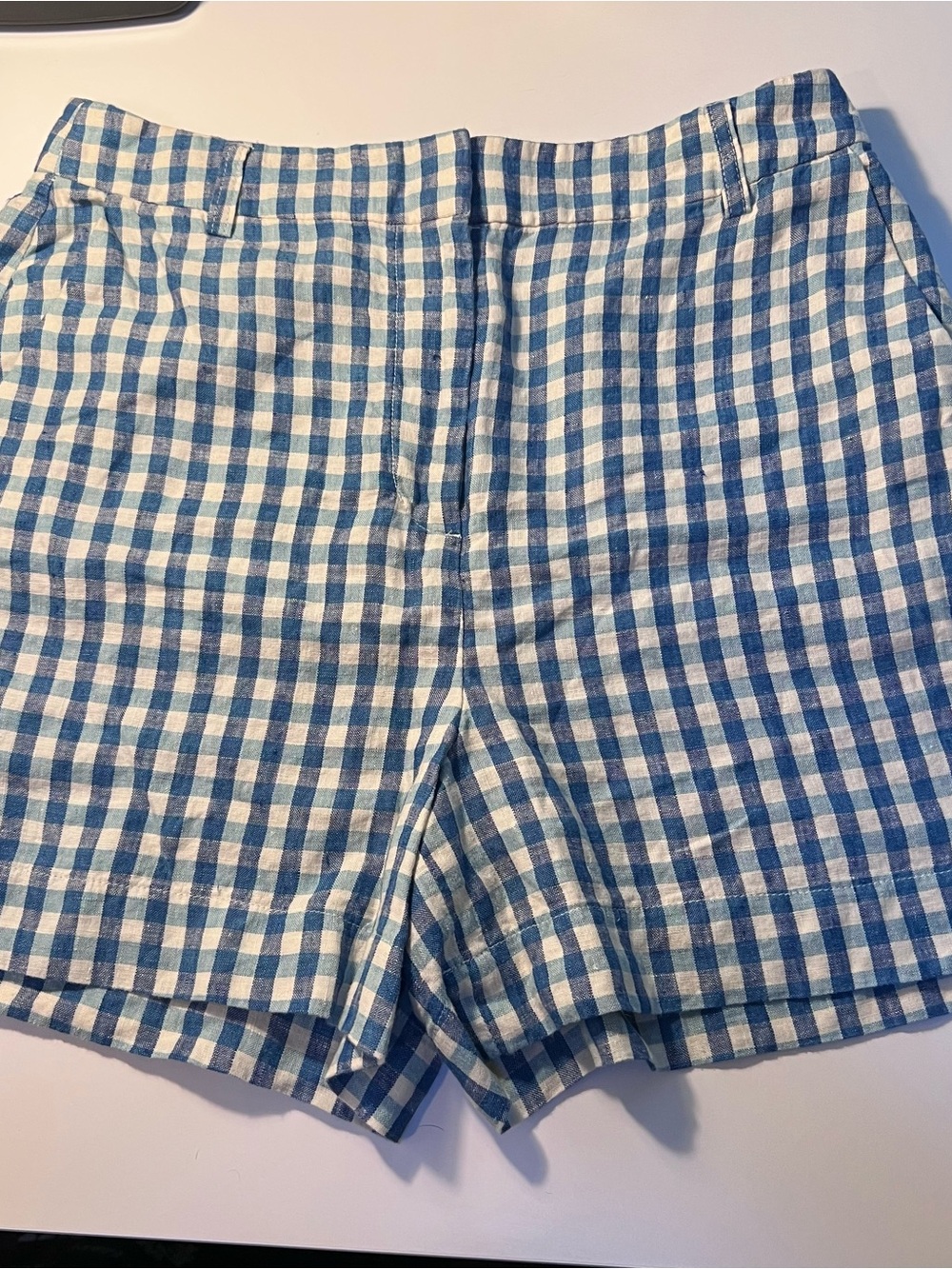 Boden Women’s Gingham Plaid Linen Shorts Navy Blue Teal White High Waist Size 8